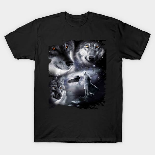 Space Wolves 3 Three Snow Wolf Howling At Moon T-Shirt by Random Galaxy